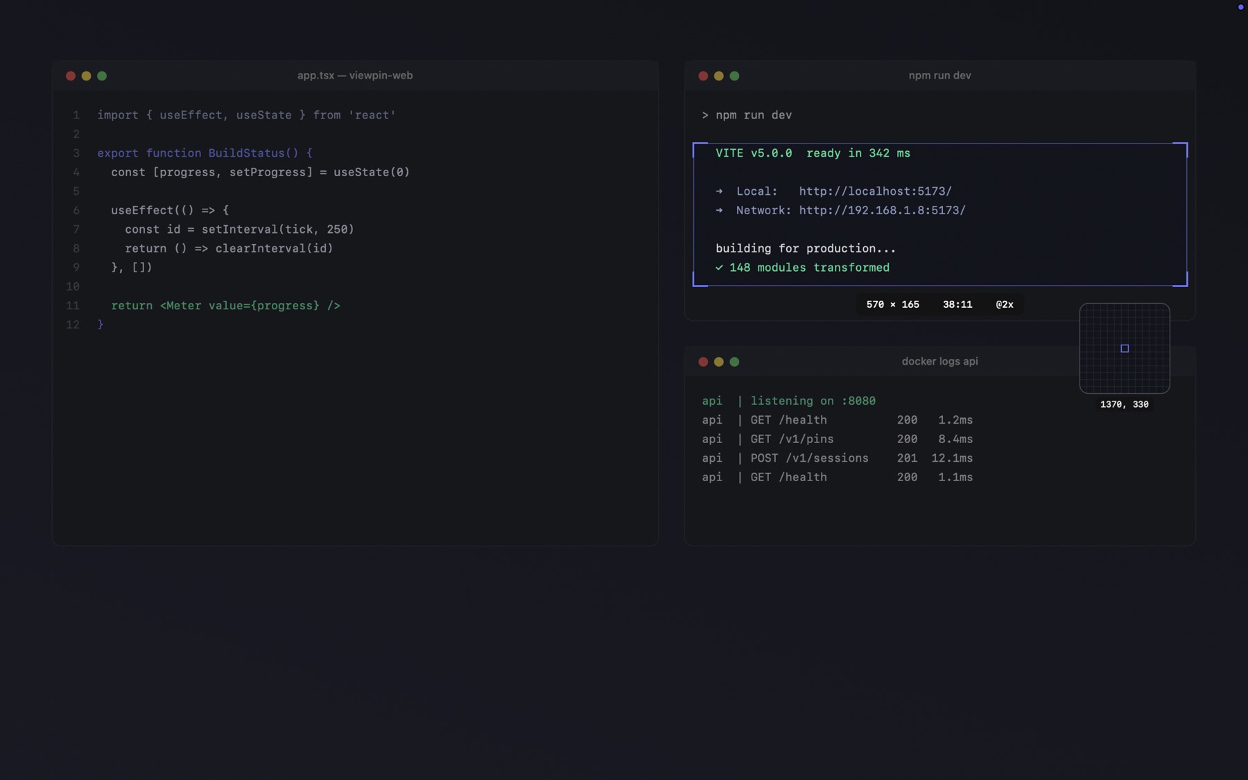 ViewPin's selection overlay over a terminal, showing corner brackets, a 294 by 130 size readout, and a pixel loupe with exact coordinates